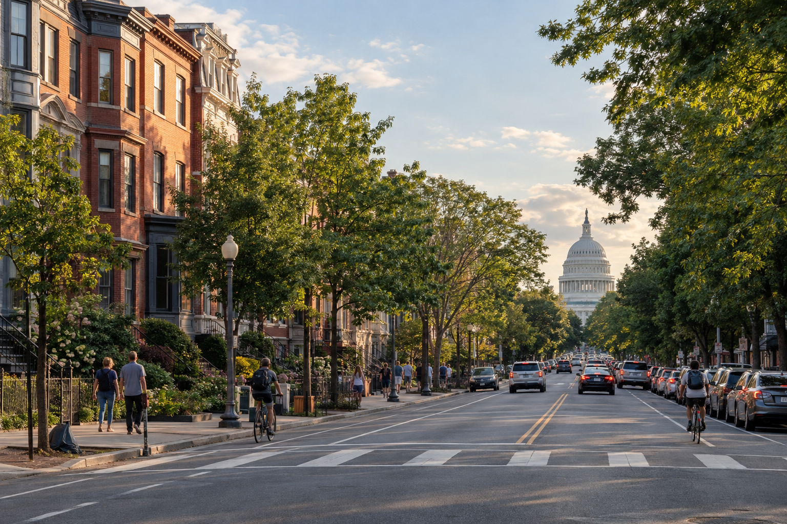 A Washington neighborhood street with the Capitol in the distance